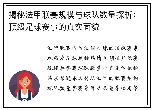 揭秘法甲联赛规模与球队数量探析：顶级足球赛事的真实面貌